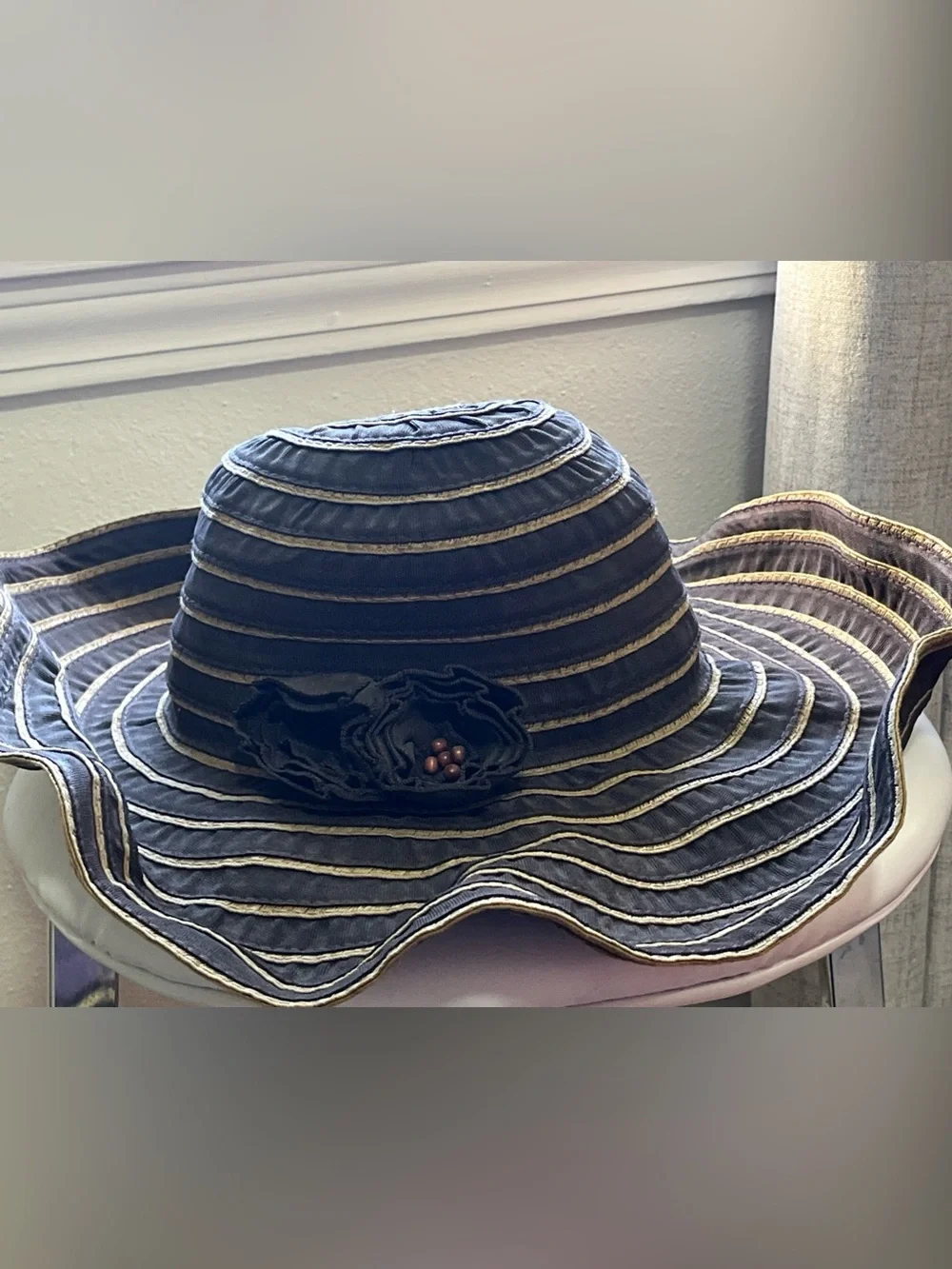 Peter Grimm Black Hat with Gold Trim and Flower Accent